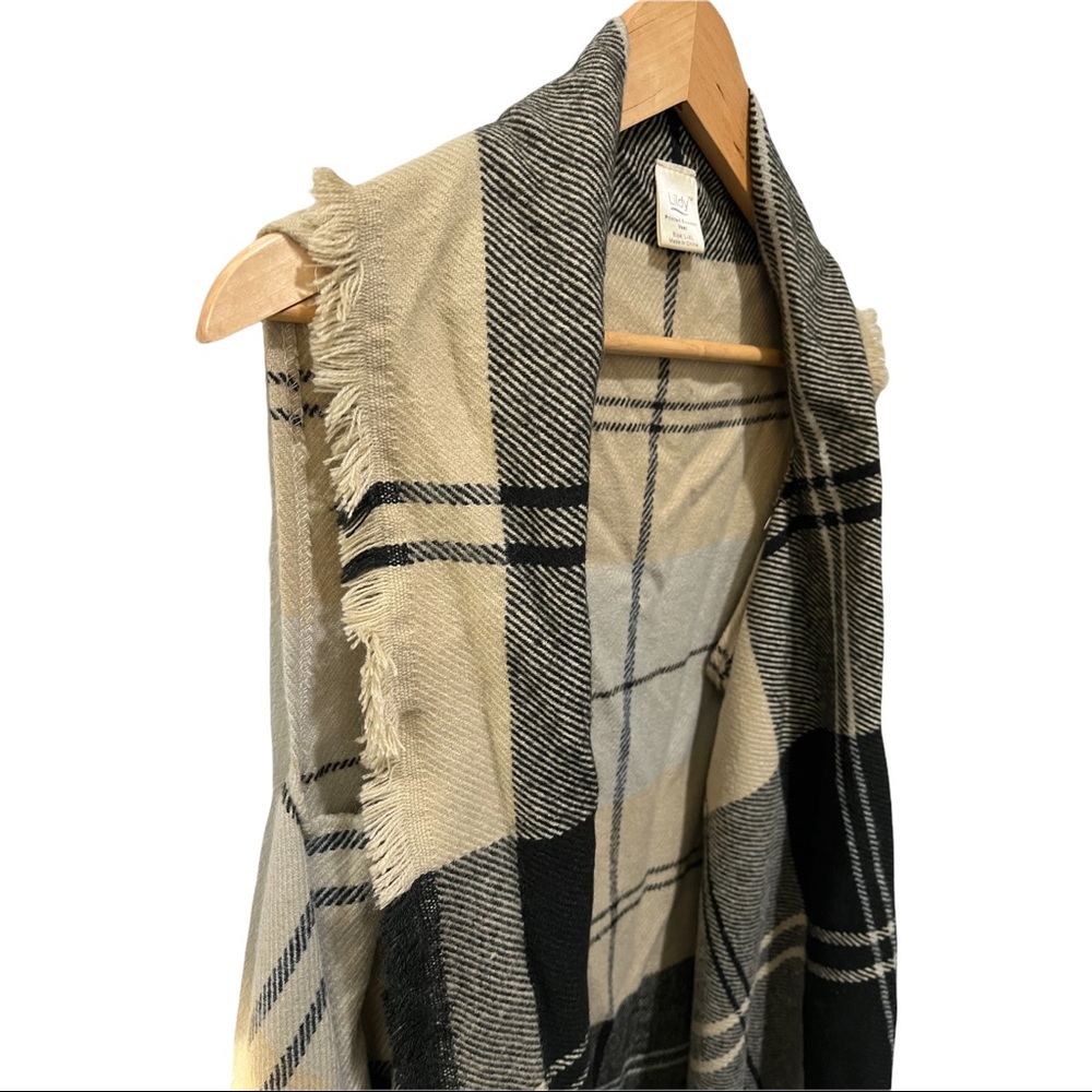 LILDY PLAID BEIGE AND BLACK FRINGED OPEN FRONT WATERFALL CARDIGAN VEST SZ L/XL - Picture 5 of 11